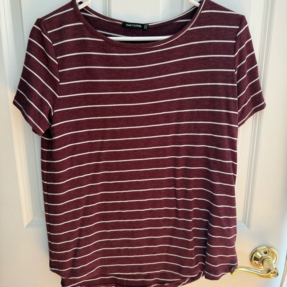 Pink Clover | Size M | Maroon & White Striped Top | Back Button Detail